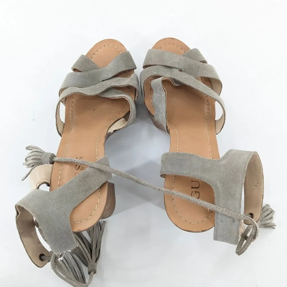 Guess Prenna Suede Leather Tassel Wooden Chunky Platform Sandals Heels Size 9.5